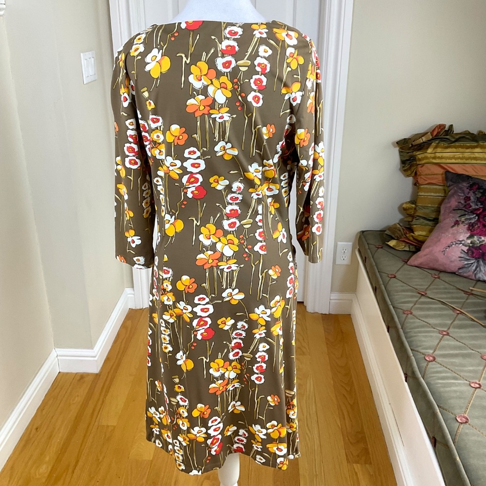 J. McLaughlin Dress Jersey Knit Brown Yellow Floral (L) - Picture 4 of 8